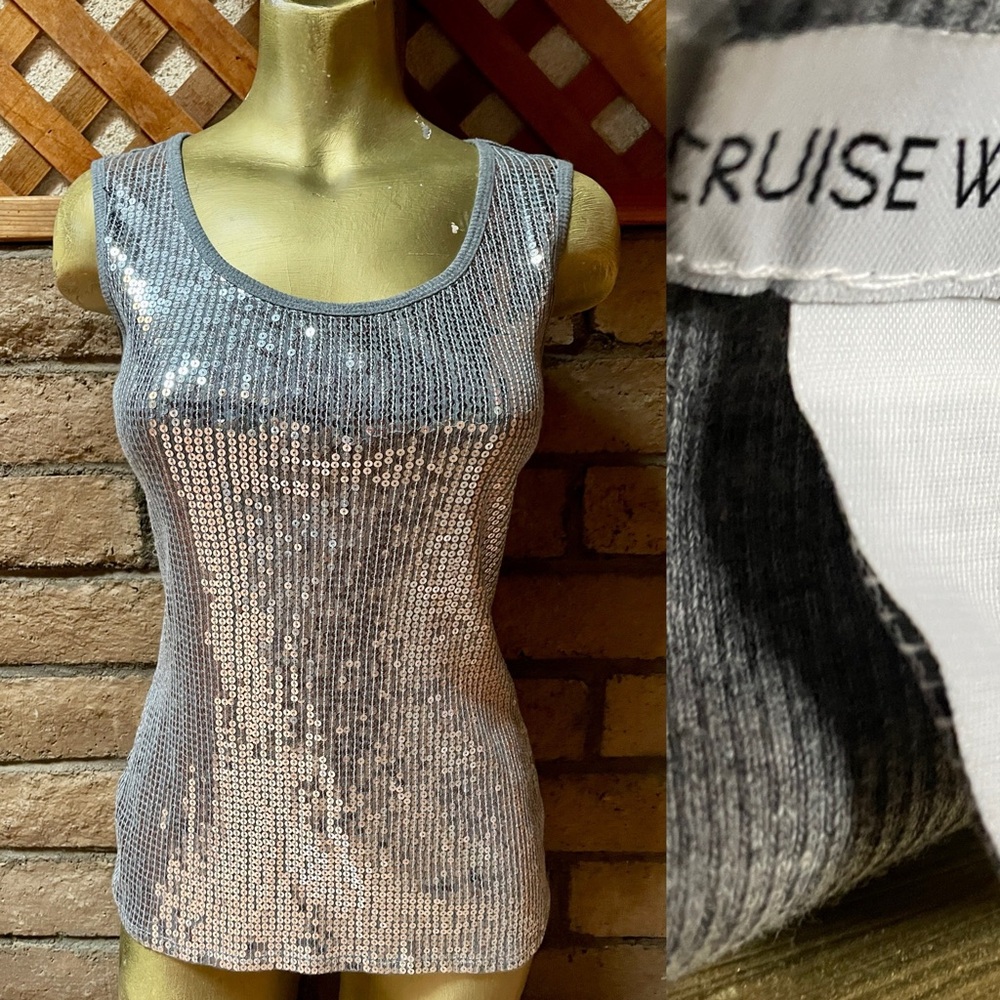 CRUISE WEAR Silver Sequin Knit Tank Top Size Small